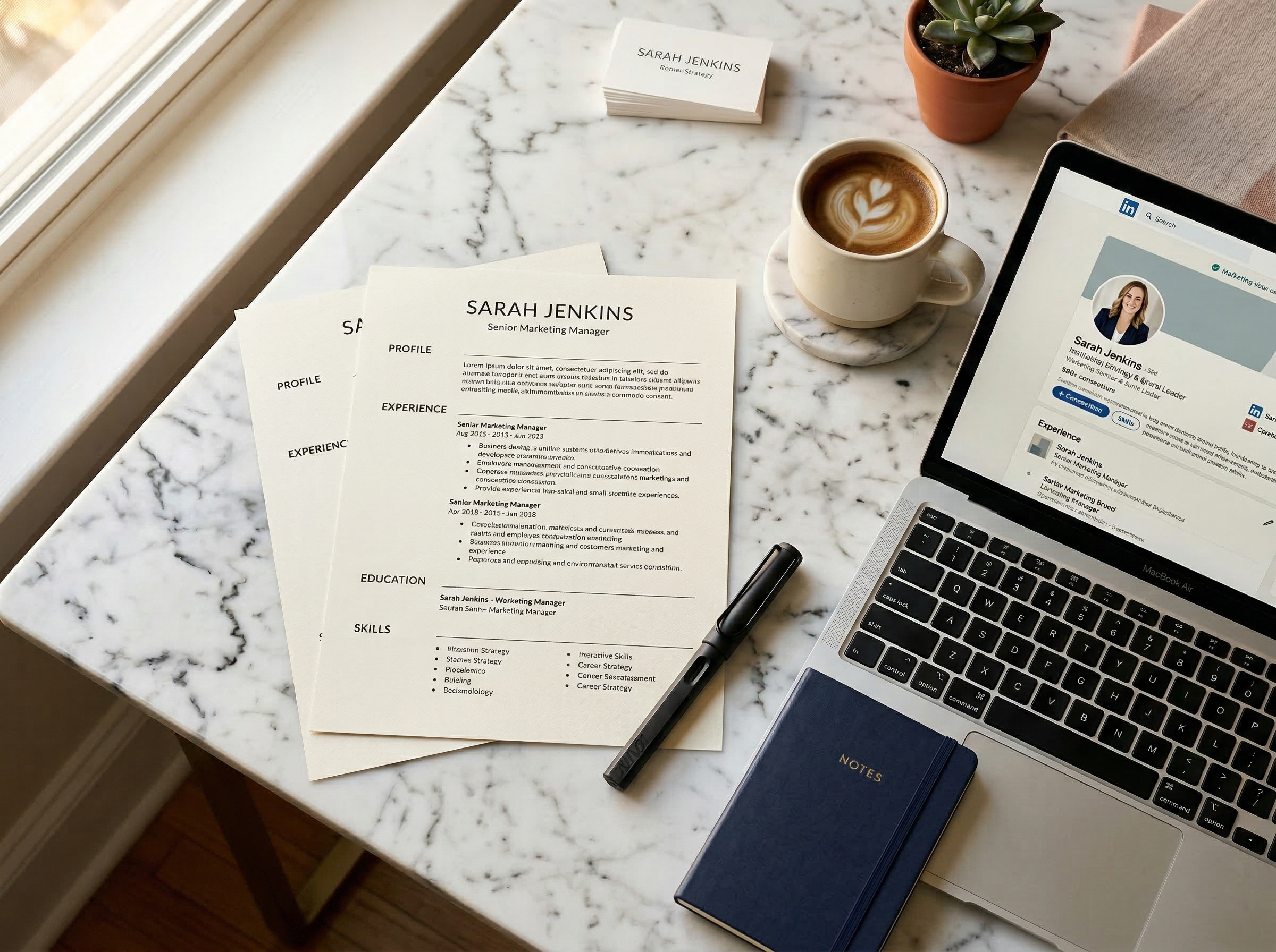 Professional resume documents and laptop on desk